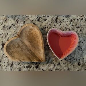 Anthropologie Pink Heart Ramekin & Wood Heart Charcuterie Board Bundle